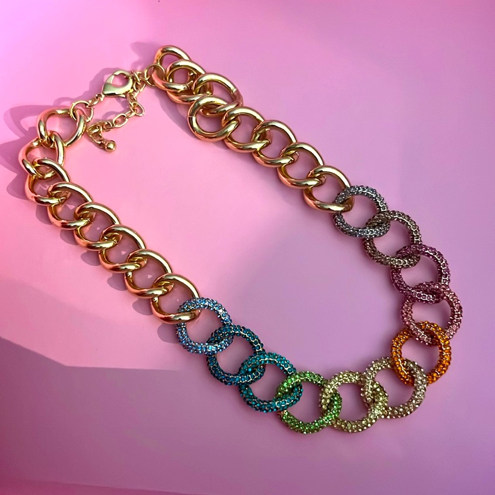 Gold tone, multicolor rhinestone chain necklace